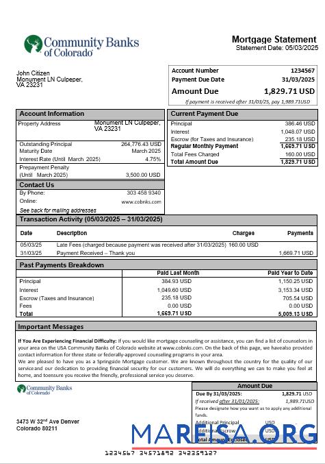 Printable USA Community Banks of Colorado bank mortgage statement in Word and PDF formats template
